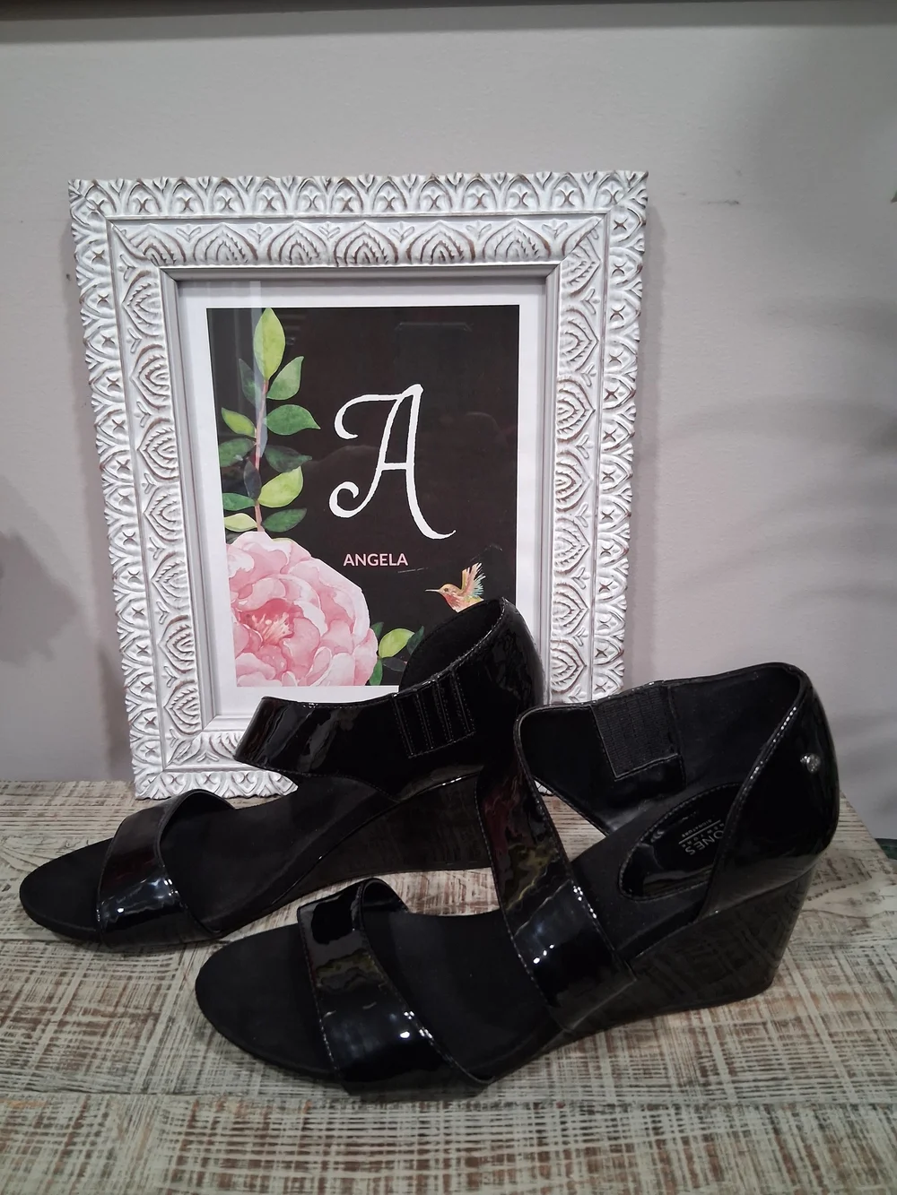 Jones New York Black Patent Wedge Sandals